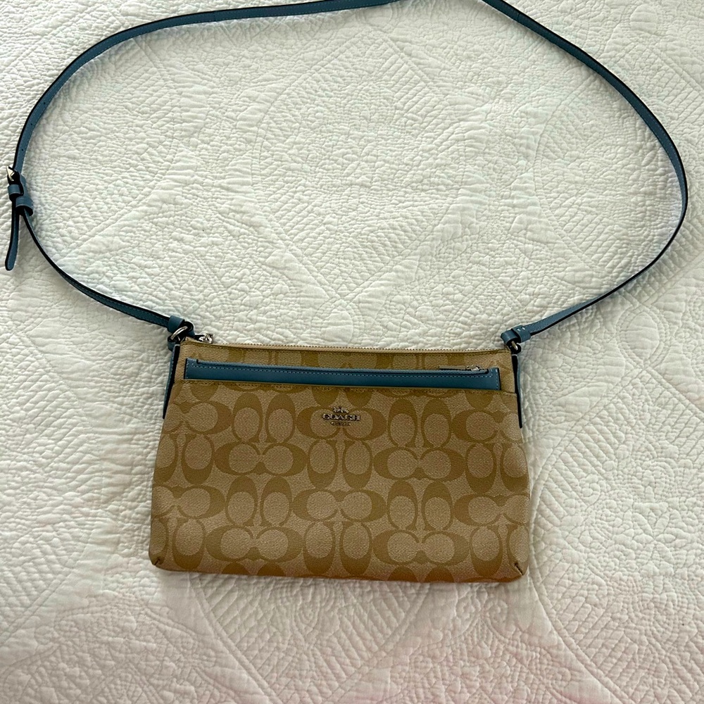 Coach Tan and Blue Crossbody Bag with Signature Design